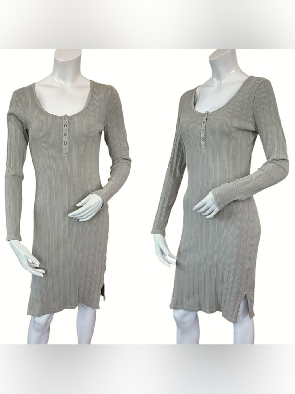 Pact Muted Green Ribbed Henley Long Sleeve Side Slit Casual Dress Size Small